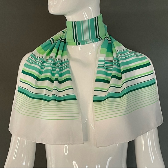 Super Cute Vintage Greens Stripes Poly Scarf 10 In by 46 Exc Condition - Picture 6 of 8